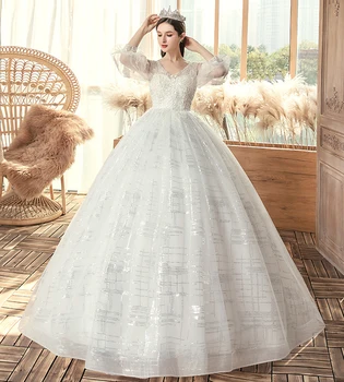 Свадебное платье из блестящей ткани Robe De Mariee с V-образным вырезом, Новое элегантное бальное платье с коротким рукавом Princess Vestido De Noiva