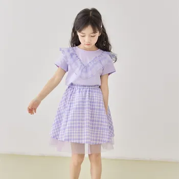 летний детский комплект одежды из 2 предметов для маленьких девочек, милая фиолетовая футболка с коротким рукавом и фиолетовым рисунком в клетку, одежда для маленьких девочек