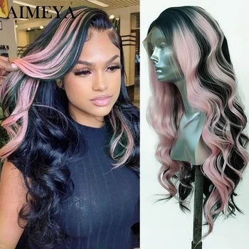 Синтетические кружевные парики AIMEYA для чернокожих женщин выделите Зеленый кружевной парик с волосами омбре, розовыми волосами, длинными волнистыми париками для косплея из термостойкого волокна