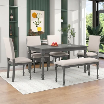Набор деревянных обеденных столов из 6 предметов, прямоугольный стол с точеными ножками, 4 мягких стула и скамейка для столовой, серый