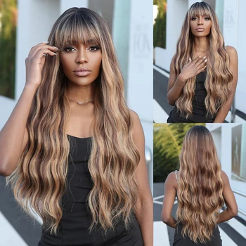 Длинные волнистые синтетические парики, медово-коричневые парики с подсветкой для чернокожих женщин, цветные волосы для косплея, объемная волна, парик с челкой, термостойкий