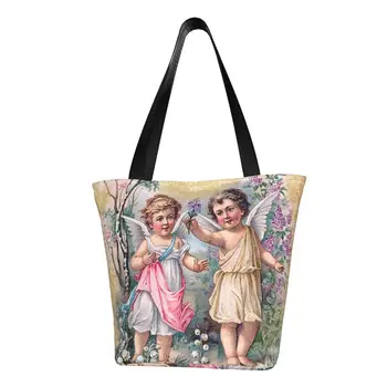 Викторианский Ангел Винтажная Розовая сумка для покупок в продуктовых магазинах, симпатичная холщовая сумка для покупок с принтом, сумка через плечо, портативная сумка большой емкости