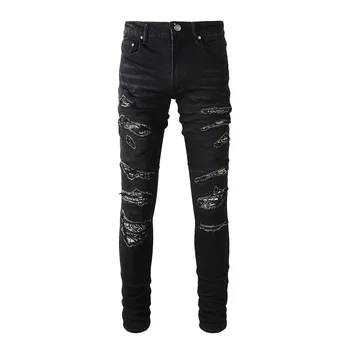 Мужские черные потертые джинсовые брюки, обтягивающие рваные Высококачественные уличные джинсы Slim Denim