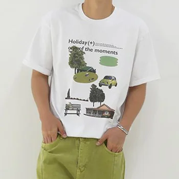 Мужская свободная футболка SYUHGFA с мультяшным принтом, летняя мужская корейская модная футболка с круглым воротом и коротким рукавом, модные топы