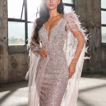 КОКТЕЙЛЬНЫЙ DELIA С элегантной накидкой из перьев русалки, сексуальные вечерние платья, платья 2023 года, роскошная женская праздничная одежда с бисером.