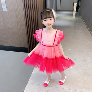 2023 Летнее Многослойное платье для маленьких девочек, Сетчатое Кружевное платье принцессы, Детская одежда, Детские праздничные платья, Одежда для младенцев 2-6 лет