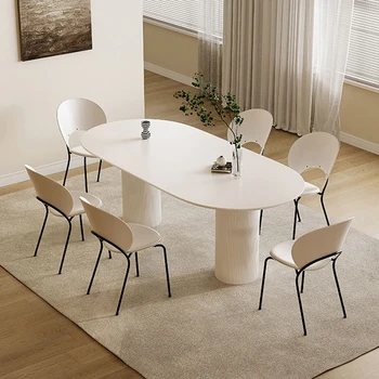 Минималистичная Кухонная мебель со стулом В сочетании для гостиной, Прямоугольная Простая каменная плита, Большой Белый обеденный стол на 6 мест.