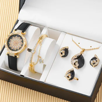 5 шт./компл. Часы для женщин, роскошные Кожаные аналоговые женские кварцевые наручные часы, Модный комплект часов-браслетов, женские Relogio Feminino