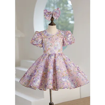 Детское платье с вышивкой и пайетками, Фиолетовое платье принцессы, юбка-пачка, костюм для фортепианного представления, Детское платье с бантом для цветочницы