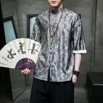 Модная шелковая атласная рубашка с принтом дракона, мужская рубашка в стиле Тан, китайский винтажный Чонсам, Элегантные топы, социальный кардиган, куртка