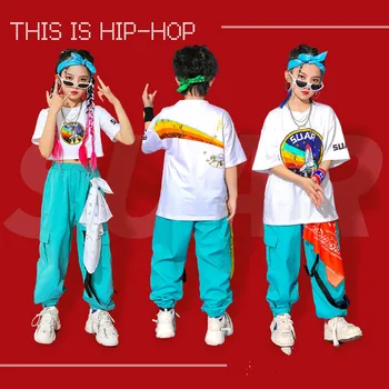 2022 Джазовые танцевальные костюмы для детей, летние укороченные топы с короткими рукавами, Свободные брюки, костюм для бальных танцев в стиле хип-хоп, одежда для рейва